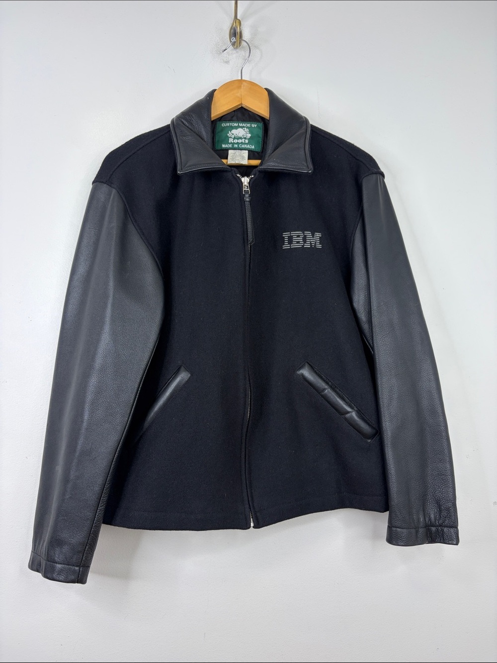 Roots Varsity Jacket Womens Large Black Wool Leather IBM Made in Canada Coat
